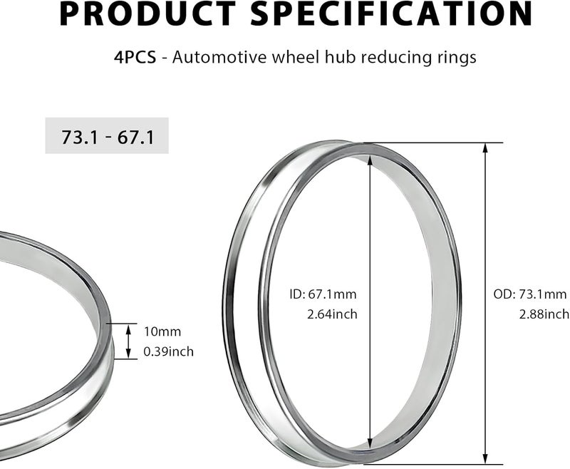 MTRPS 4 PCS Hub Centric Rings, 67 ID to 73 OD Wheel Center Bore Shaft Shock Absorbing Spacer, Aluminum Alloy Wheel Hubrings Compatible with Most Vehicles, Car Accessories - Image 2